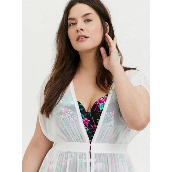 Torrid Swimsuit Coverup Kimono Womens Plus 5X Mesh Maxi Ivory White Beach Swim - Picture 2 of 4